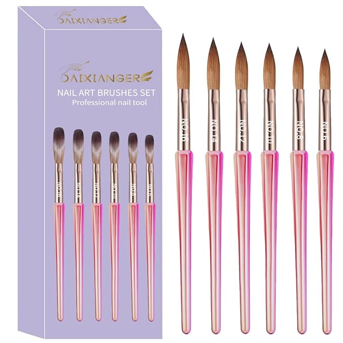 DAIXIANGER 6Pcs Acrylic Nail Brush Set, Size 6/8/10/12/14/18 - Professional Nail Brushes for Acrylic Application Powder & Nail Extension, 3D Nail Carving Tools for DIY Home Salon Manicure-Pink