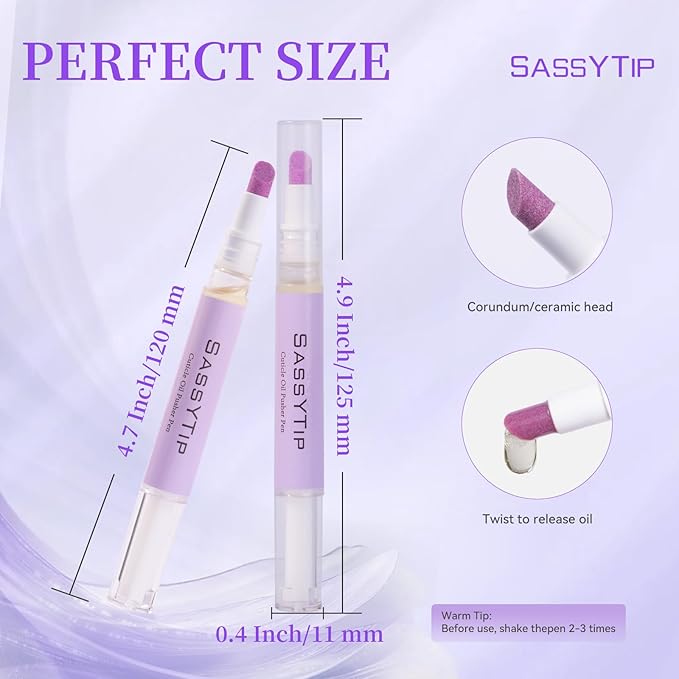 SASSYTIP Ceramic Cuticle Pusher & Oil Pen, 2ml Rose/Lavender Scented Nail Care Pen, Gentle Cuticle Remover for Dry & Damaged Nails, Hangnails, Moisturize Strengthen Brighten (Purple)