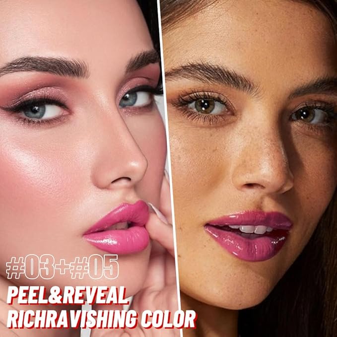 JUAAZIN 2Pcs Liquid Lip Stain Peel Off Lip liner and Lip oil with Tweezer, Dual-Ended Peel Off Lip Stain Tattoo, Highly Pigmented Long Lasting Waterproof, Transfer-proof for All Skin Types, 03#+05#