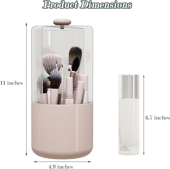 Zufudo Makeup Brush Holder with Dustproof Cover, Clear 360 Rotating Make Up Brushes Organizer for Counter Vanity Bathroom, Pink