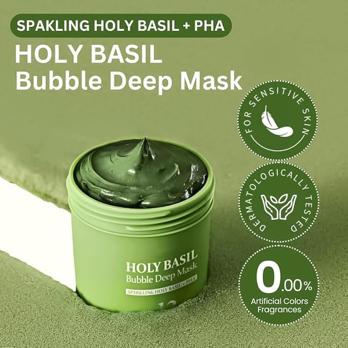 Holy Basil Bubble Deep Mask – Holy Basil & Carbonated Water for Cleansing Pores & Blackheads, Korean Clay to Bubble Wash-Off Pack (90g / 3.17 oz) (2)