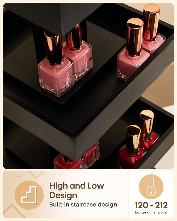 Homde Nail Polish Display Stand and Storage: 360 Degree Rotating Bamboo Rack Organizer, 4 Tier Makeup Holder for Fast Access on Countertop or Vanity for Girls & Women,Black
