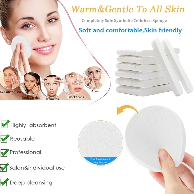Mgiflw Compressed Facial Sponge,Reusable Makeup Blender 60 Count,Soft Round Wash Sponges for Estheticians Makeup Removal,Face Cleansing Exfoliating Compress Spa Pads for Women,White