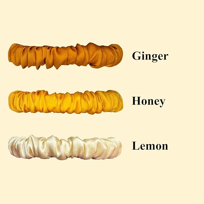 VLOMOT 3 Pcs Set 100% Pure Mulberry Silk Hair Scrunchies Hair Ties with 3 Chic Colors Everyday Skinny Scrunchies Silk Ponytail Holders Hair Care No Damage (Yellow)