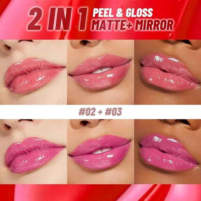 JUAAZIN 2Pcs Lip Stain Peel Off Lip Gloss oil Dual-Ended Combo, Lips Liner Stain Peel Off Masque, Long Lasting & Waterproof, Transfer-Proof Lip Tint Stain with Lip oil for All Skin Type 02#+03#