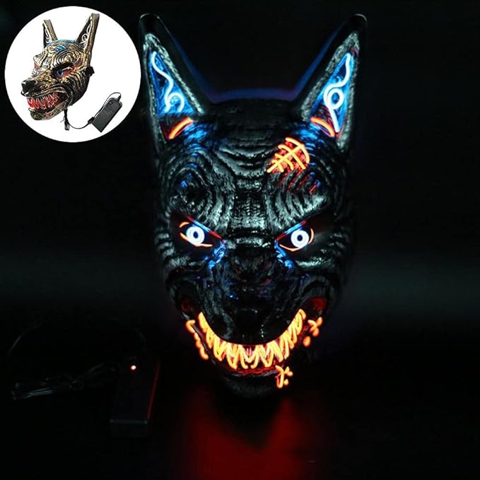 LED Luminous Wolf Head Cover, Scary Halloween Face Mask with 3 Light Modes, for Cosplay Party Carnival Christmas Costume
