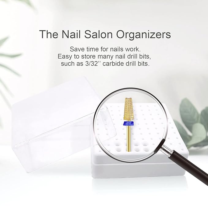 Nail Drill Bits Holder, CORFULRA Nail Organizer Box for Nail Drill Bits, Large Space Container Case for Drill Bits, 100 Holes Dustproof Displayer Box of Nail Supplies for Nail Tech, White