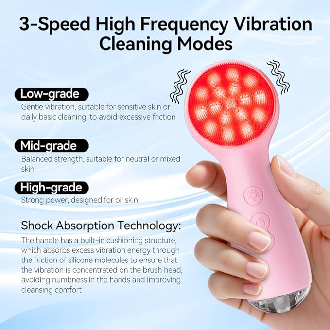Facial Cleansing Brush, Face Scrubber, Electric Face Brush with 7 Colors, Rechargeable Waterproof Exfoliator with Heat and Vibration, Deep Cleansing and Massage for Men and Women(Pink)