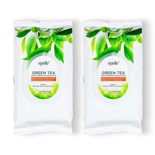 Epielle Green Tea Makeup Remover Wipes, Gentle Daily Facial Cleanser Towelettes, Remove Dirt, Oil & Waterproof Mascara, Stocking Stuffers, 60 Count (Pack of 2)