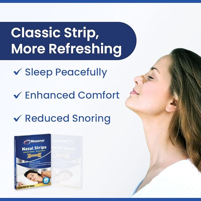 MASSNER Nasal Strips for Snoring & Breathing – Soft, Plastic-Free Nose Strips for Sleeping – Drug-Free, No Magnet Design for Comfortable Airflow (Large 100 Count)