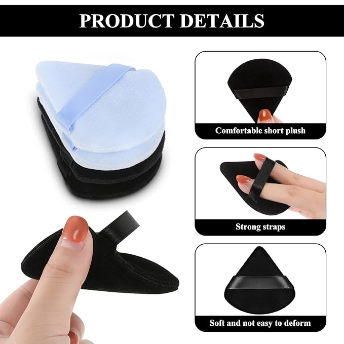 Maitys 12 Pcs Powder Puff Triangle for Face Makeup Cosmetic Loose Powder Puff Velour Soft Body Washable Reusable Foundation Sponge Wet Dry Makeup Tool for Women(Small,Black, White, Blue)
