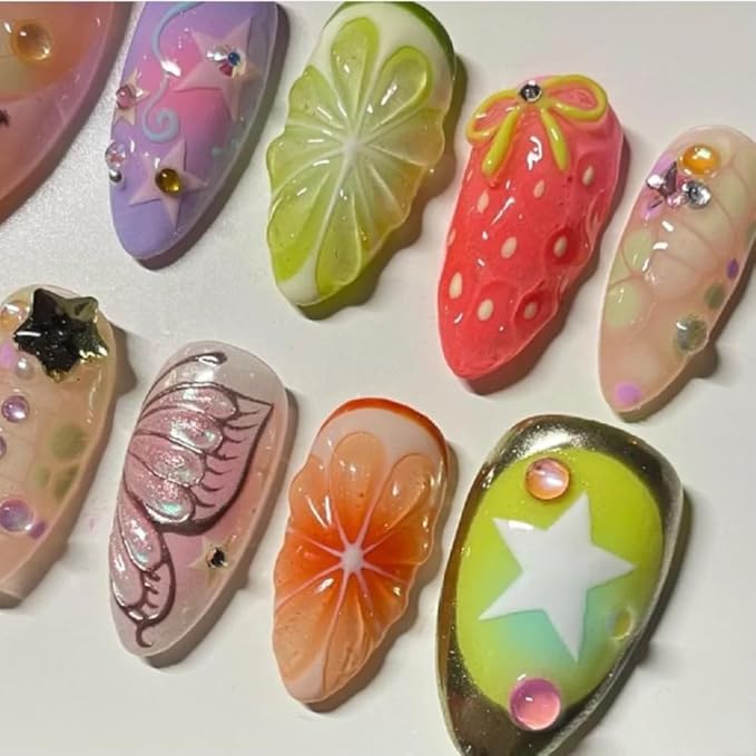 Press On Nails - Short Coffin Handmade Unique Fake Nails, Artistic Design, Thick Acrylic and Muti-Layer Gel False Nails, Reusable UV Gel Cured Sturdier 3D Fake Nails,DIY Art Decorate