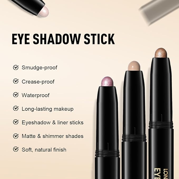 Rose Gold Shimmer Eyeshadow Stick, Waterproof Cream Eye Shadow Pencil Long-Lasting Crease-Proof Glitter Eyeshadow Crayon Smooth High Pigmented Highlighter Neutral Eye Shadow Liner Makeup
