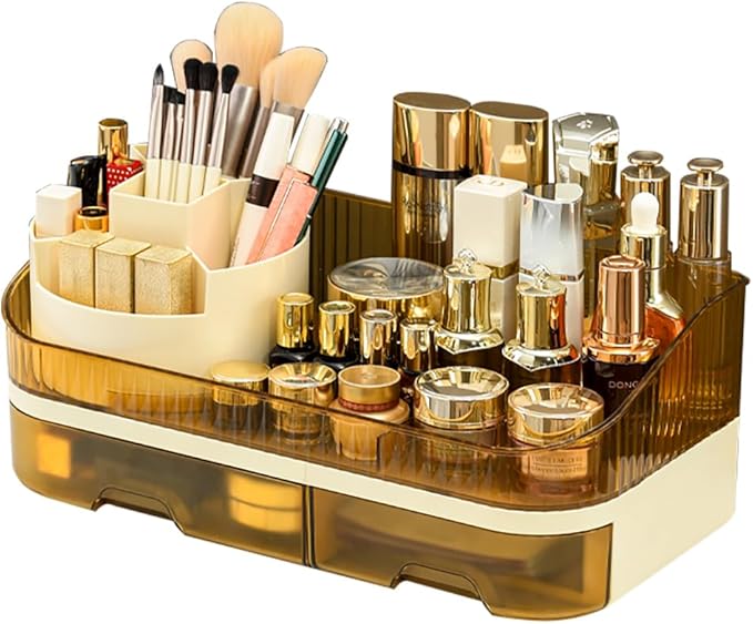Extra Large Capacity Makeup Organizer with Brush Holder - Plastic Vanity Countertop Storage for Full Skincare & Cosmetic Collection