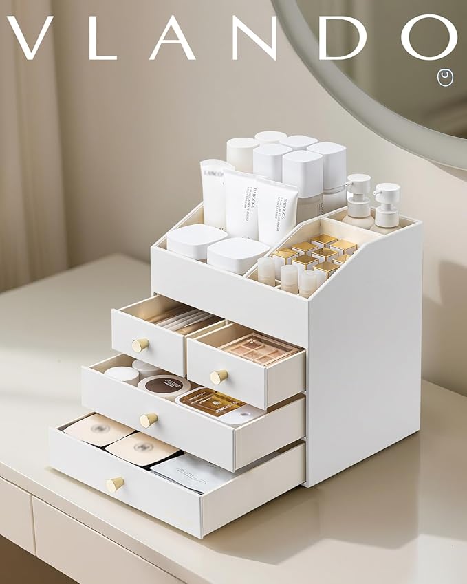 Vlando Makeup Organizer Countertop,Large Vanity Organizer PU Leather Make up Storage with 4 Drawers Skin care Organizer Cosmetic Display Case for Lipstick,Brushes,Bedroom-White