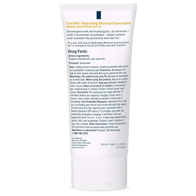 CeraVe 100% Mineral Sunscreen SPF 30, Face sunscreen With Zinc Oxide & Titanium Dioxide, Hyaluronic Acid + Niacinamide + Ceramides, Oil Free, Travel Size 2.5 oz