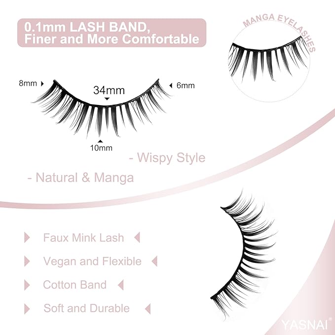 Natural Lashes Manga Lashes Cat Eye Lashes False Eyelashes Natural Look, Yasnai Wispy EyeLashes Short 10mm Wet Look Fake Lashes Volume Lashes, Strips Lashes Eyelashes 7 Pairs Pack