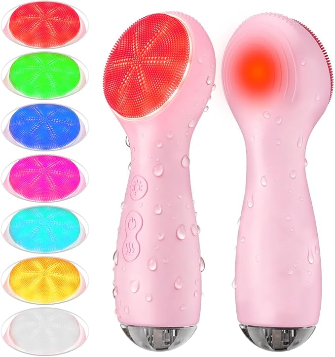 Facial Cleansing Brush, Face Scrubber, Electric Face Brush with 7 Colors, Rechargeable Waterproof Exfoliator with Heat and Vibration, Deep Cleansing and Massage for Men and Women(Pink)