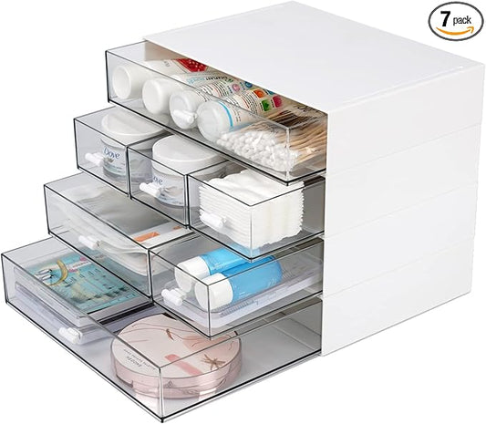 Desk Craft Organizer and Storage with 7 Flat Drawers, Stackable Plastic Desktop Accessories & Workspace Organizer for Office Stationary, Makeup Skincare, Sanitation Supplies, White