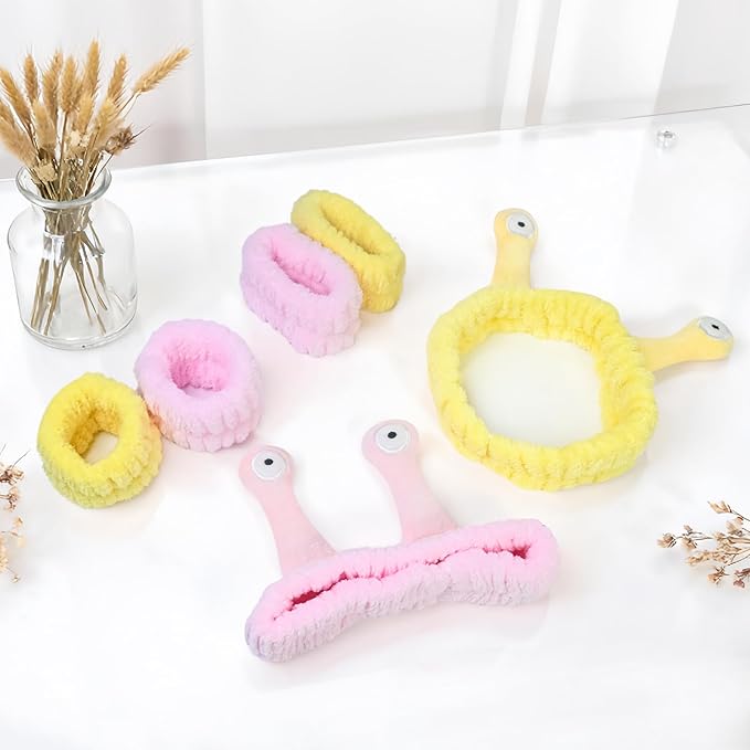 Snail Face Wash Headband Skincare & Wrist Bands for Washing Face Set Cute Spa Headband for Women and Wrist Faces Wash Bands for Shower, Facial Cleaning, Soft Coral Fleece Makeup Headbands,Yellow＆Pink
