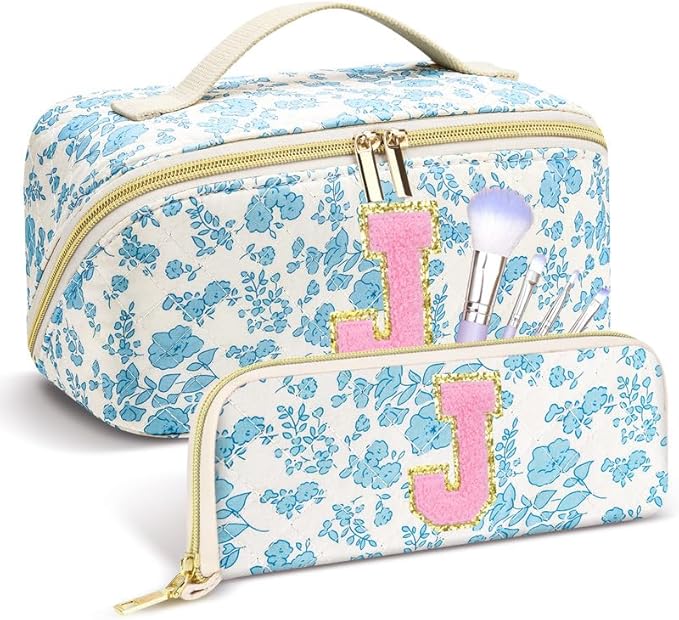 Personalized Travel Makeup Bag Set,Initial Travel Cute Floral Makeup Organizer Bag,Toiletry Skincare Cosmetic Bag, Valentine’s Day Gifts for Women/Girls,Open Flat Toiletry Pouch with Brush Pocket-S