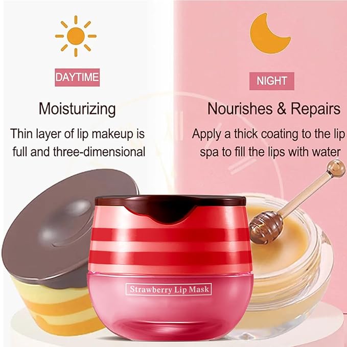 4 PCS Bee Lip Balm Honey Pot,Propolis Lip Mask Moisturizing,Reduces Lip Lines,Sleeping Lip Balm Prevention Dry and Cracked, Lip Scrubs Exfoliator (Honey & Strawberry & Watermelon & Apple Lime)
