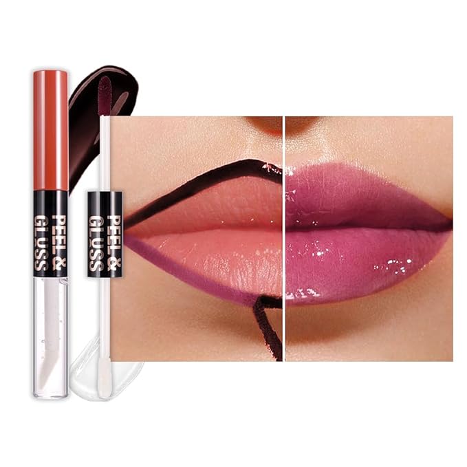 JUAAZIN Dark Raspberry Lip Stain Peel Off Lip Gloss oil Dual-Ended Combo, Lips Liner Stain Peel Off Tattoo, Long Lasting & Waterproof, Transfer-Proof Lip Tint Stain with Lip oil for All Skin Type 05#
