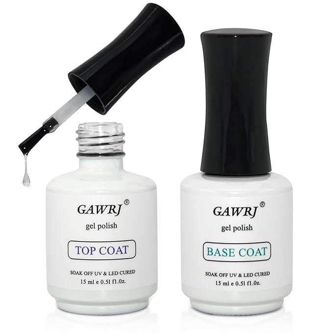 GAWRJ 2 Pcs 15mL No Wipe Gel Top Coat and Base Coat Set - Shine Finish and Long Lasting Soak Off LED Nail Lamp Gel Base Top Coat Finish Nail Art Design Manicure Gifts for Women