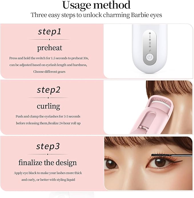 Hsenowi Heated Eyelash Curler for Natural Lashes 2-Level Adjustable Temperature Mini Electric Lash Curler Fast 3-Second Heat Up 24 Hours Long-Lasting Curl