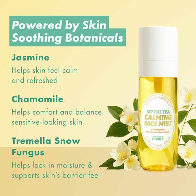 Handmade Heroes Sip The Tea Calming Face Mist Serum – Hydrating Facial Spray with Chamomile, Jasmine & Hyaluronic Acid – Vegan, Alcohol Free Formula for Dewy, Refreshed Skin – 2.2 fl oz