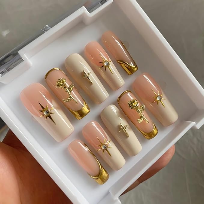 MAGLFELL Press On Nails Medium Almond Nails, Handmade 3D Design Fake Nails with Thick Acrylic Multi-Layer Gel Nails, Reusable Durable DIY Artificial Nails for Women (10 Pieces)