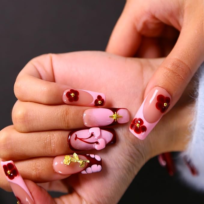 MAGLFELL 10Pcs Press On Nails Square Shape Hnadmade Fake Nails, Pink French Love Acrylic Nails, Reusable Artificial Gold Plated Decoration Square False Nails for Women (Size S)