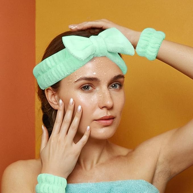 Yaqulen 7 Pcs Spa Set, Facial Headband and Wristband Set, Skincare Accessories, College Style Girl Idea Gifts, Hair Accessories for Women and Girls（Light Green）