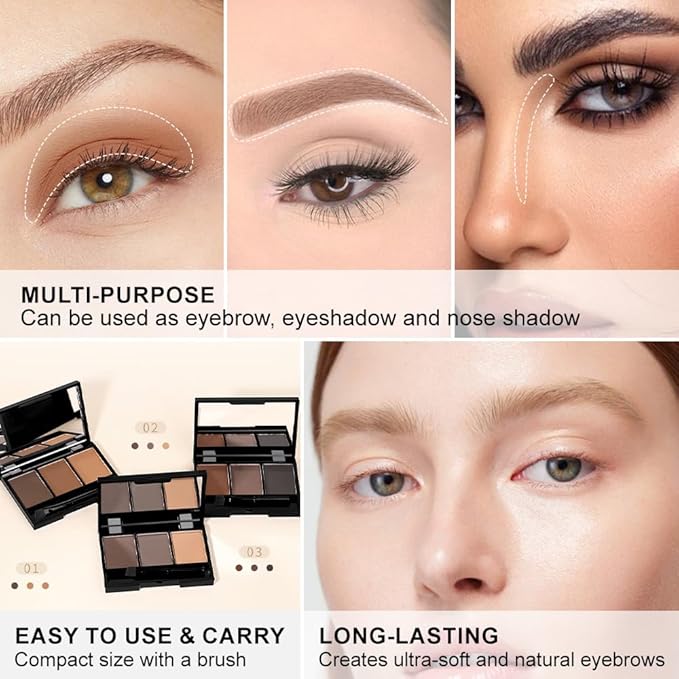 Brow Powder Kit with Mirror – Long-Lasting 3-Color Brow Filler for Full, Defined Natural Brows, Contour Palette with Double-Ended Brush, sombra para cejas (03)