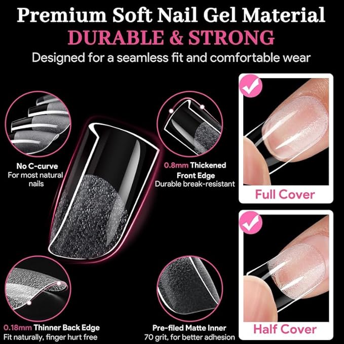 Qiek Extra Short Sharp Square Fake Nail Tips - 15 Sizes 240 PCS Clear French Half Matte Press On False Nail Tips Full Cover Gel Nail Tips Extensions Thick Long Lasting DIY Beginners & Salon Manicure