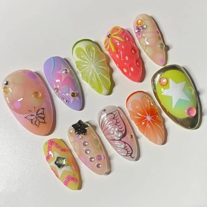 MAGLFELL Press On Nails - Medium Almond Handmade Unique Fake Nails, Thick Acrylic and Muti-Layer Gel False Nails, Reusable Gel Cured Sturdier 3D Fake Nails,DIY Art Decorate (Size M)