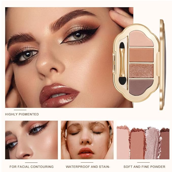 Nude Eyeshadow Palette 4 Colors, Caramel Brown Neutral Matte Glitter Eye Shadow Quad, High Pigment Long-Wear Non-Fallout Texture, Easy-Blend Daily Makeup Palette for Office & Natural Looks, 2#