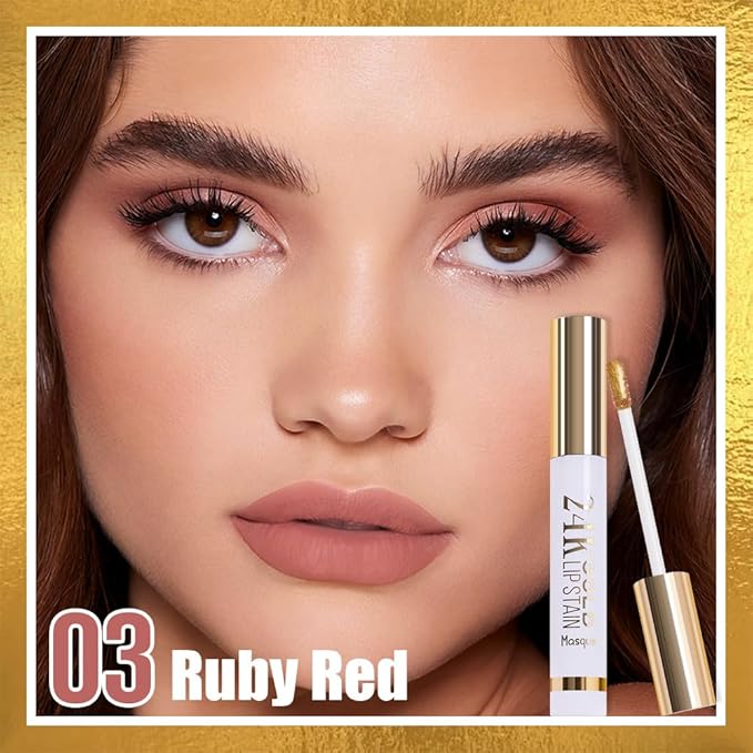 JUAAZIN All Day Lip Stain Peel Off Gold Liquid Lip Gloss Tattoo, Ruby Red Matte Finish Peel Off Lip Stain Masque, Long Lasting Waterproof Lip Tint, Transfer-proof for All Skin Types 03#