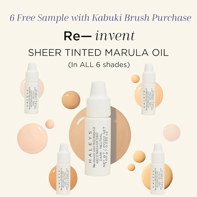 HALEYS Kabuki Makeup Brush + 6 Mini Skin Tint Foundations – Vegan Blending Brush for Liquid, Cream & Powder, Flawless Airbrushed Base Kit for Travel and Gifting