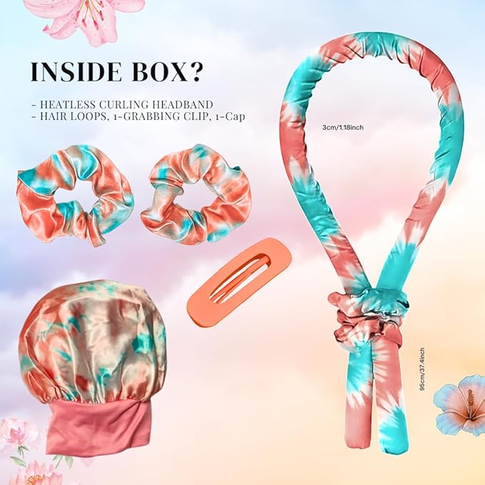 PURELYNE Heatless Hair Curler | 5PC No Heat Curling Rod Headband | With Satin Bonnet, Curler, 2 Scrunchies & Claw Clip Set | Curl Kit for Women & Girls (Cotton Candy, Medium)