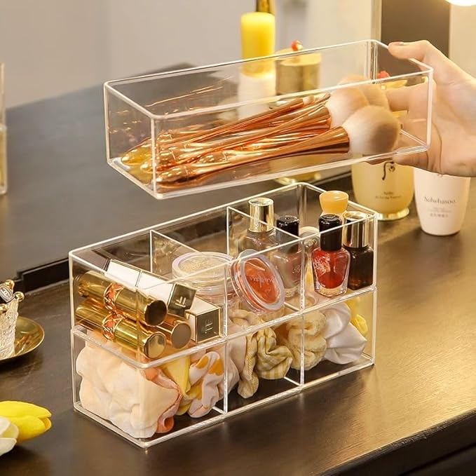WECHENG Acrylic Makeup Organizer: Drawer Organizer for Bathroom - Stackable Cosmetic Display Cases for Vanity Countertop and Makeup Storage Containers (3-Compartment)