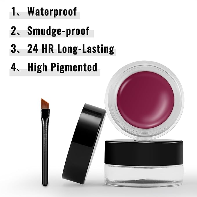Erinde Wine Plum Gel Eyeliner, Waterproof Long Lasting Cream Eyeliner Gel Pot, High-Intensity Pigments Smudge-Proof Eye Liner Makeup, Water-Resistant Eye Liner with 2PCS Brushes, 09