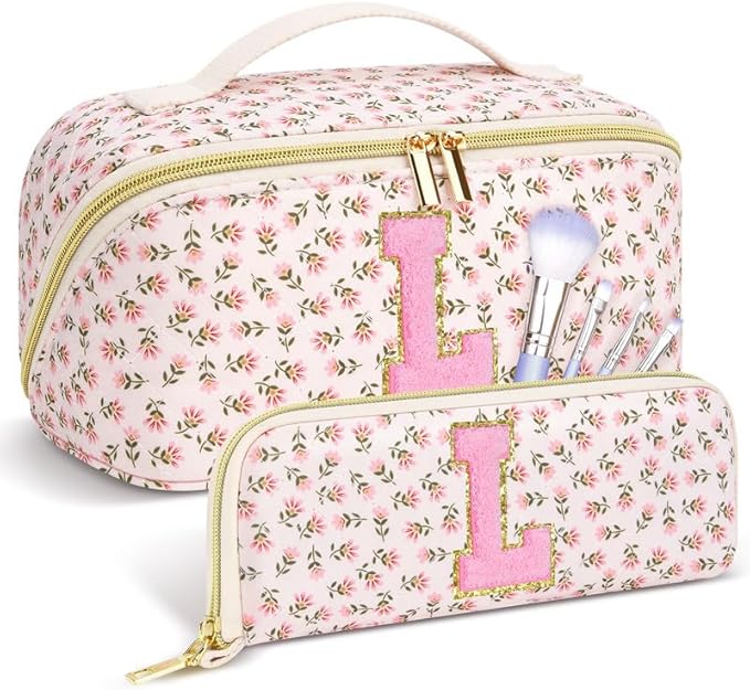 Personalized Travel Makeup Bag Set,Initial Travel Cute Floral Makeup Organizer Bag,Toiletry Skincare Cosmetic Bag,Valentine’s Day Gifts for Women/Girls,Open Flat Toiletry Pouch with Brush Pocket-S