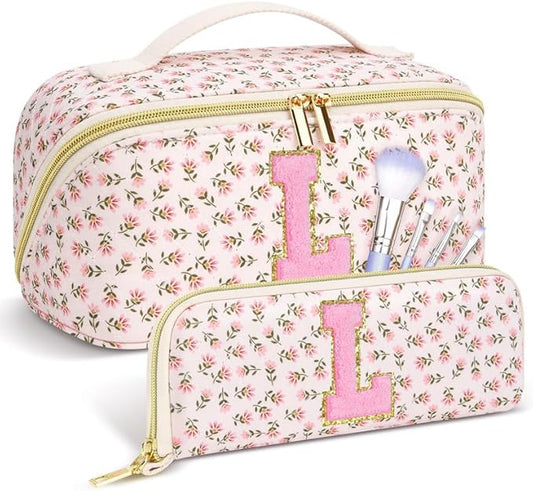 Personalized Travel Makeup Bag Set,Initial Travel Cute Floral Makeup Organizer Bag,Toiletry Skincare Cosmetic Bag,Valentine’s Day Gifts for Women/Girls,Open Flat Toiletry Pouch with Brush Pocket-S