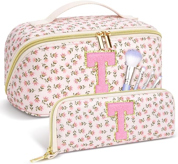 Personalized Travel Makeup Bag Set,Initial Travel Cute Floral Makeup Organizer Bag,Toiletry Skincare Cosmetic Bag,Valentine’s Day Gifts for Women/Girls,Open Flat Toiletry Pouch with Brush Pocket-S