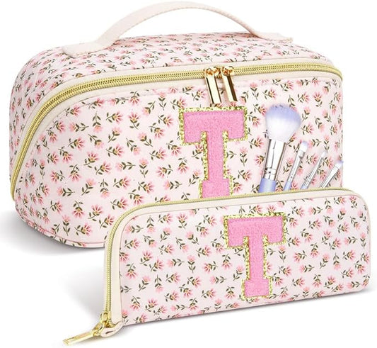 Personalized Travel Makeup Bag Set,Initial Travel Cute Floral Makeup Organizer Bag,Toiletry Skincare Cosmetic Bag,Valentine’s Day Gifts for Women/Girls,Open Flat Toiletry Pouch with Brush Pocket-S