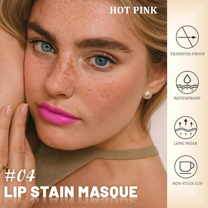 JUAAZIN Peel Off Lip Stain Tattoo with Tweezer - Hot Pink Matte Lip Tint, Long Lasting Waterproof Transfer-Proof Lip Stain, Cruelty-Free Lip Masque for All Skin Types, Valentine's Day Gift 04#