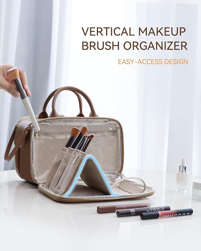 Prite Travel Makeup Bag Women’s Large Capacity Waterproof Cosmetic Organizer Portable Open Flat Toiletry Case with Free-standing Brush Holder and Handle(Brown Large)