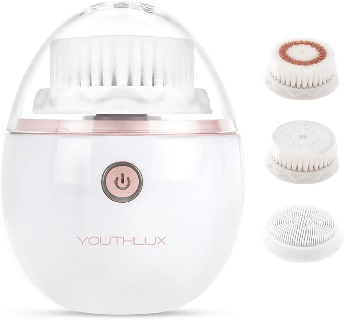 YouthLab Pure Radiance, Vibrating Facial Cleansing Brush, Electric, 3 Modes, 3 Brush Heads (2 Bristle,1 Silicone), Waterproof, Rechargeable, Smart Timer, Exfoliating, Massage (Rose Gold)