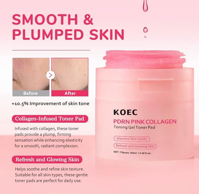 Beautivana KOEC PDRN Pink Collagen Toning Gel Toner Pads, 70 Count, Hydrating Facial Treatment for Smooth Plumped Skin with Improved Clarity, 3.38 fl.oz